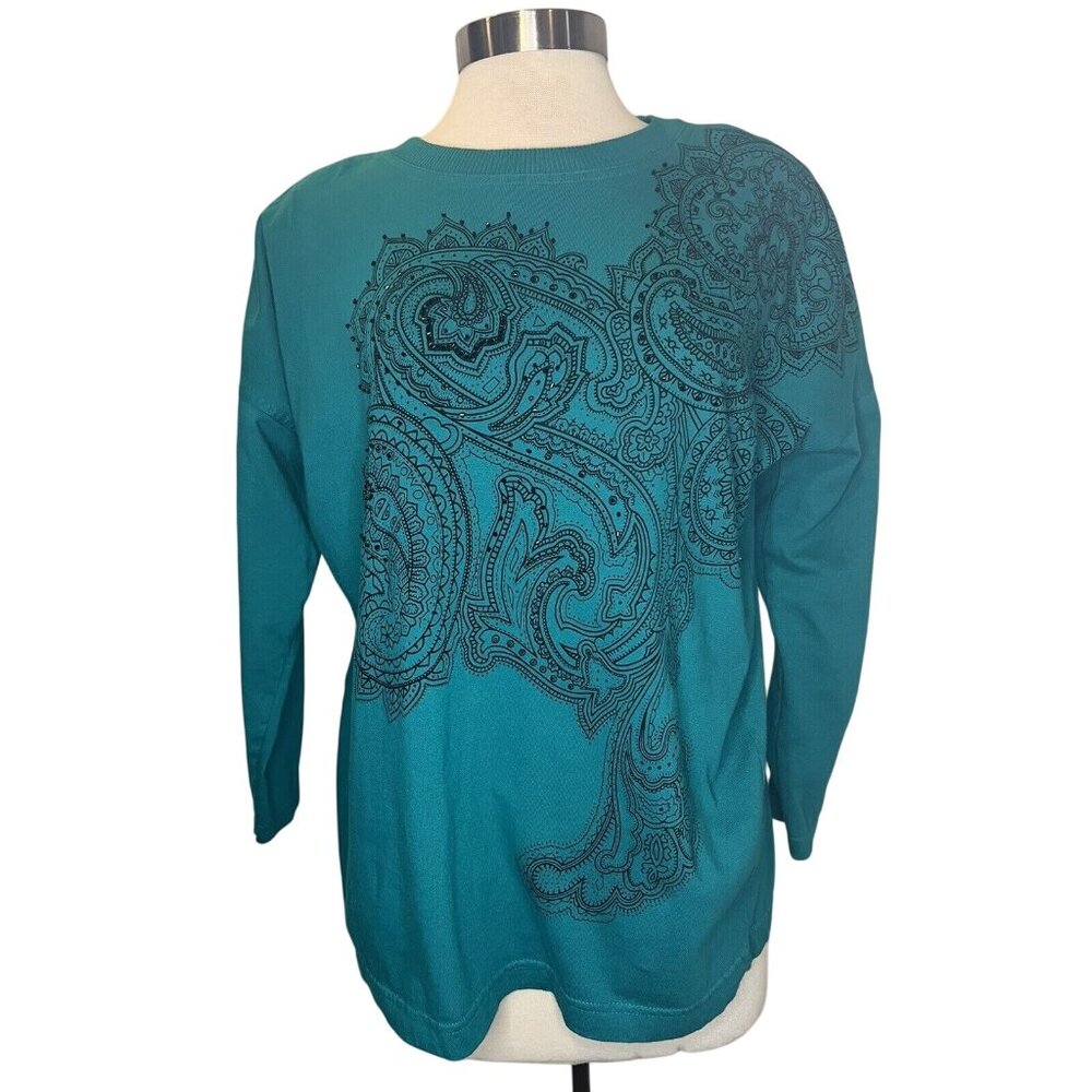 VINTAGE Carole Little for St. Tropez Wear Teal Woman's Top Floral Long Sleeve